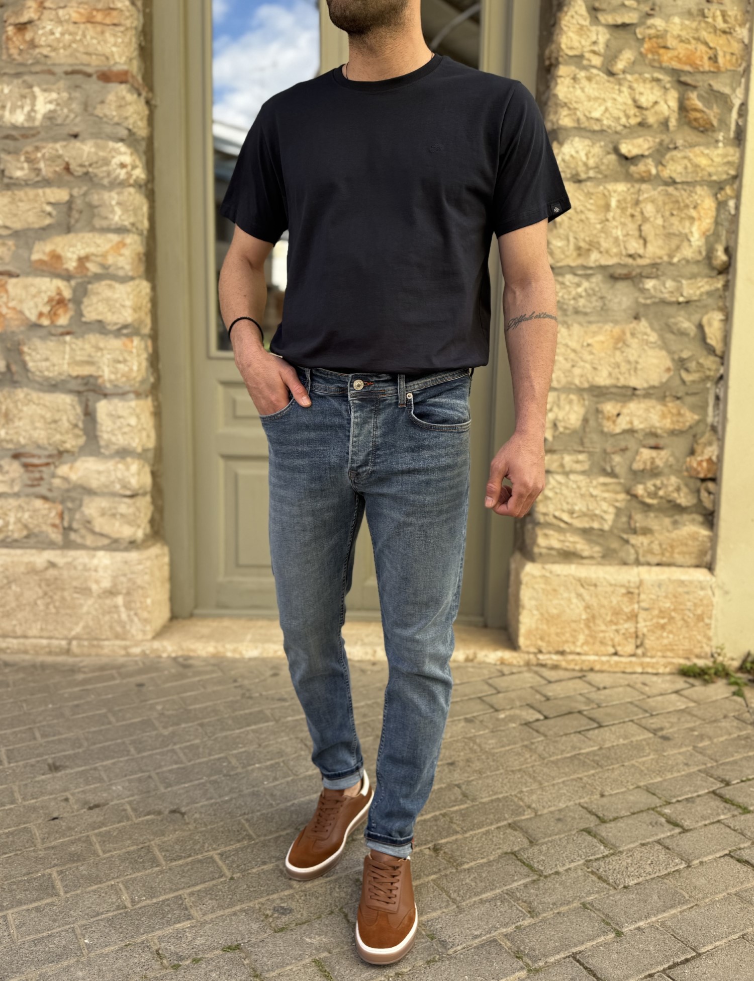 Ανδρικό Slim μπλε τζιν παντελόνι πεντάτσεπο με κουμπιά 3LN502 φωτογραφία